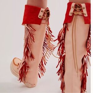 Red and Tan Over the Knee Fringe Boots